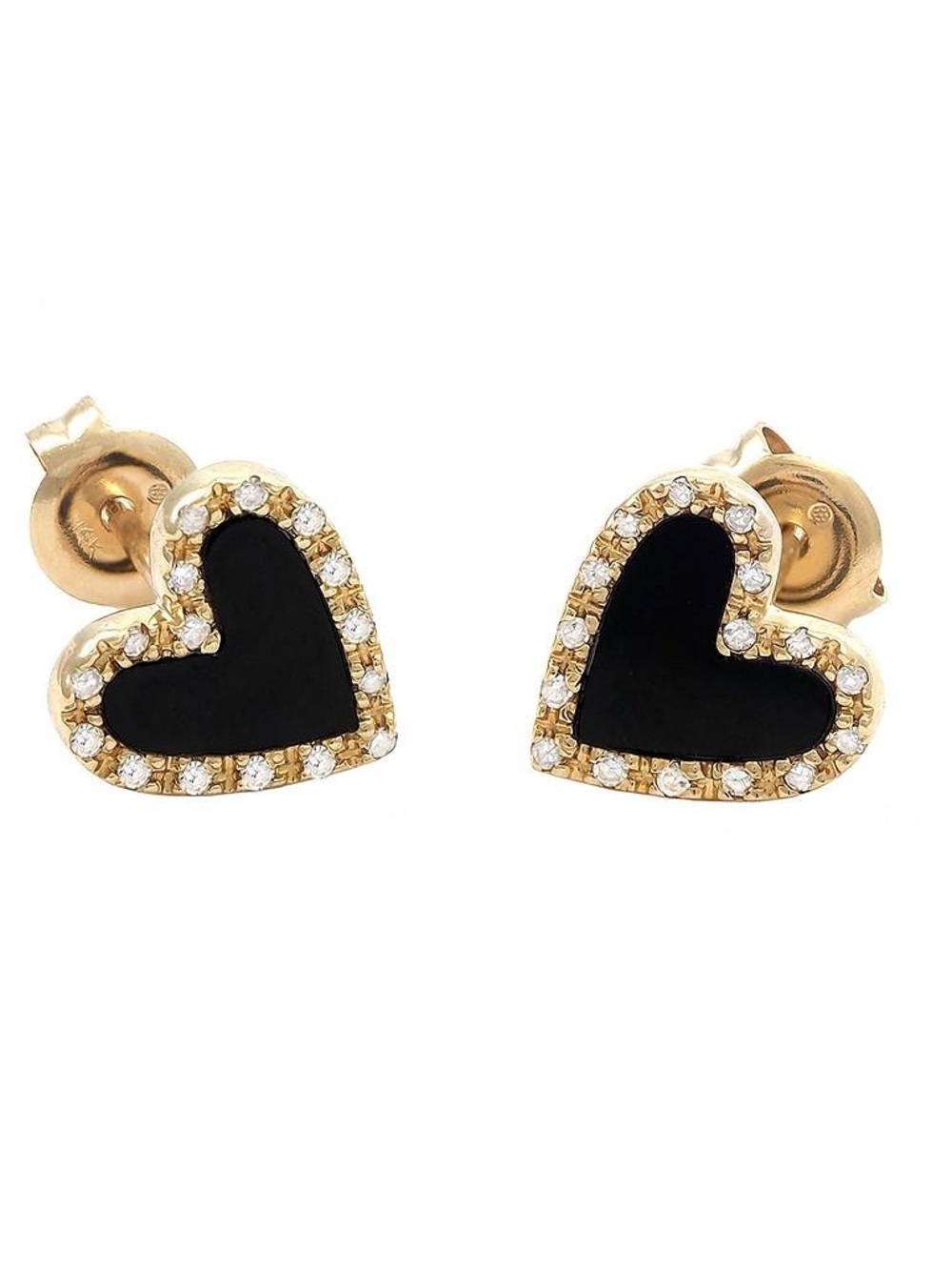 Solid Real Yellow Gold Heart-Shaped Onyx and Bezel Diamond Earrings 9x9mm